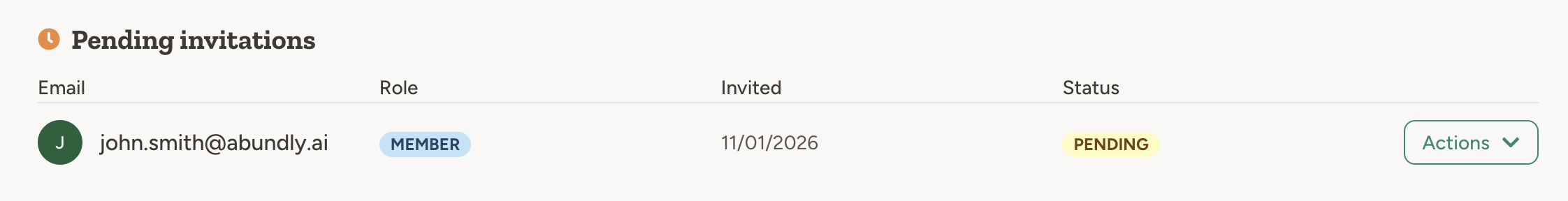 Pending invitations section showing an unaccepted invitation with email, role, date, and status