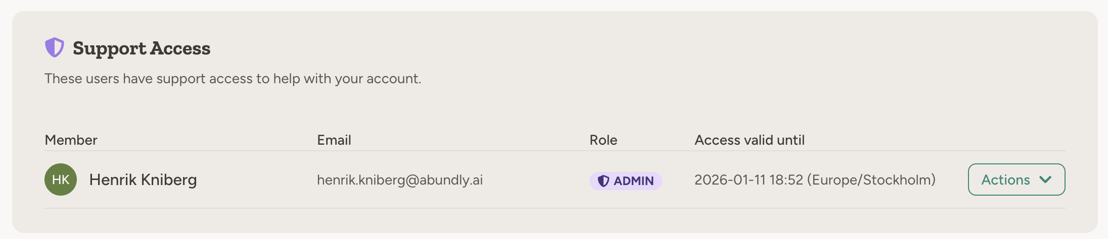 Support Access section showing a support user with their role and access expiration date
