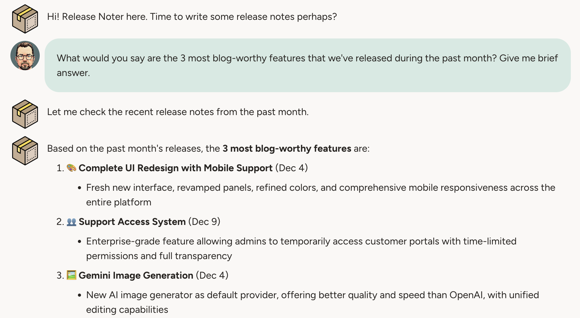 Chat interface showing a conversation with an agent