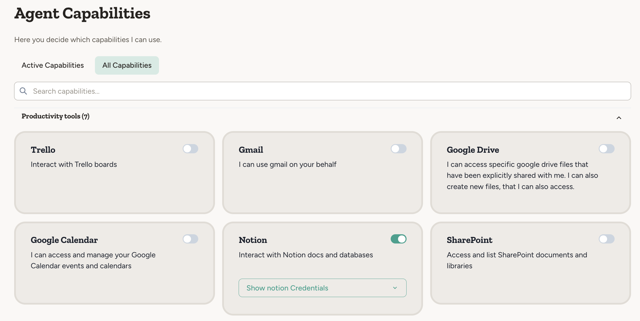 Agent capabilities and integrations
