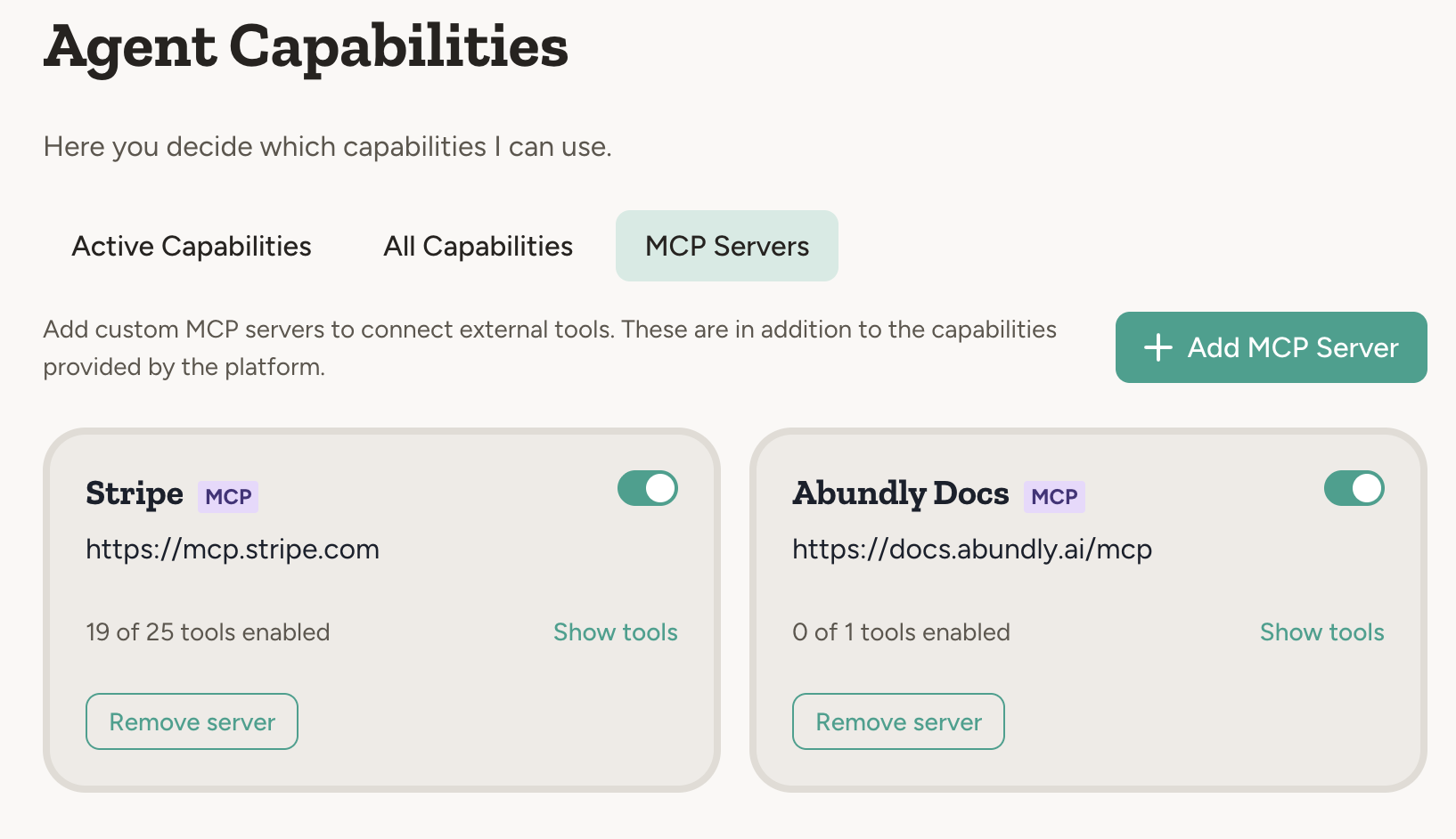 MCP Servers tab showing connected servers