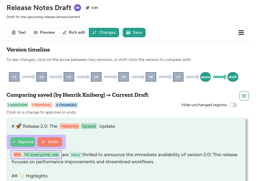 Changes tab showing version timeline and inline diff with additions and removals highlighted