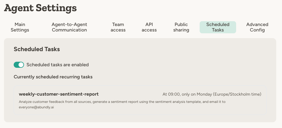 The Scheduled Tasks tab showing a recurring weekly sentiment report task