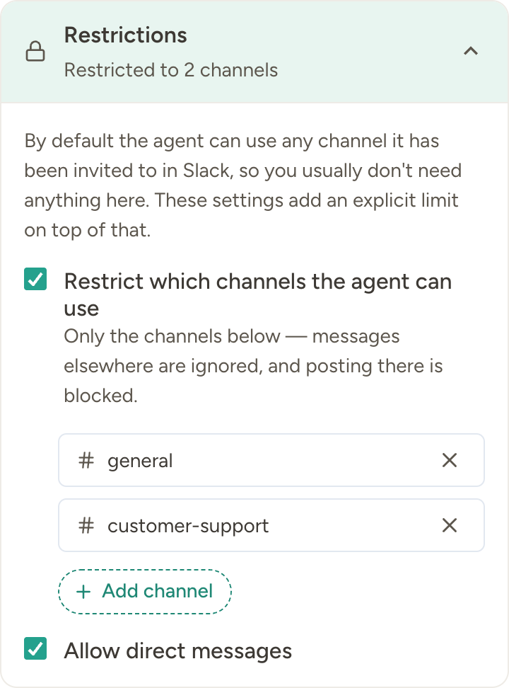 Slack channel restrictions settings showing an allowed-channel list with #general and #customer-support, and an Allow direct messages checkbox