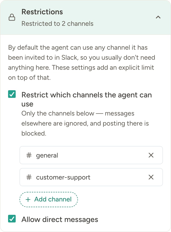 Slack channel restrictions settings showing an allowed-channel list with #general and #customer-support, and an Allow direct messages checkbox
