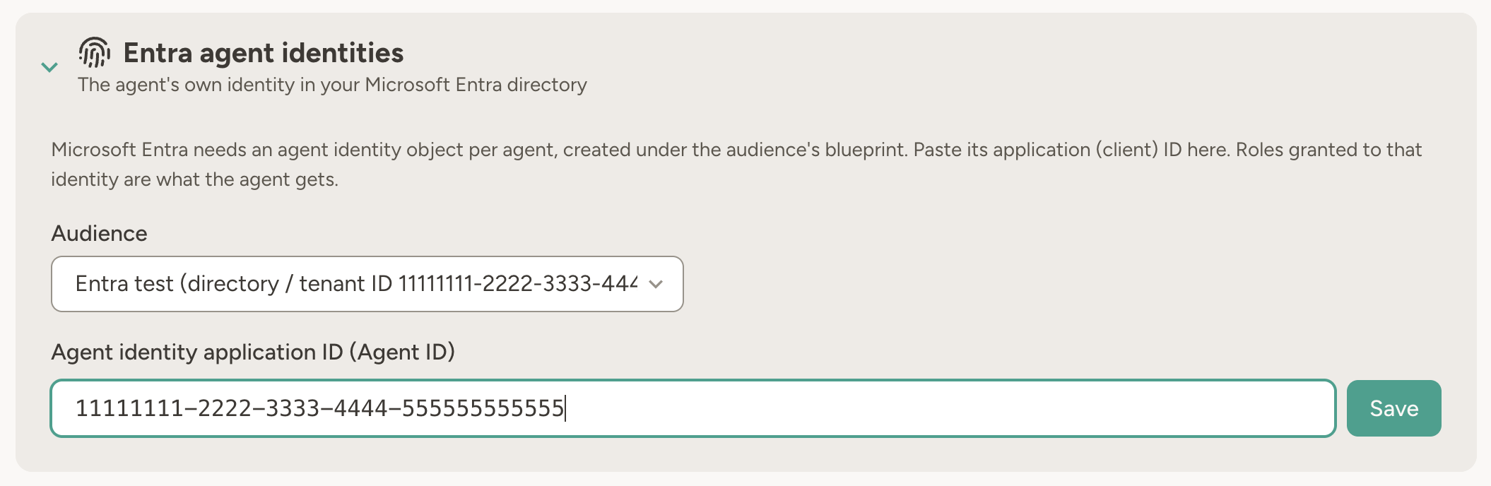The Entra agent identities card on an agent's Settings page, where a workspace admin picks the audience and pastes the agent identity's application ID