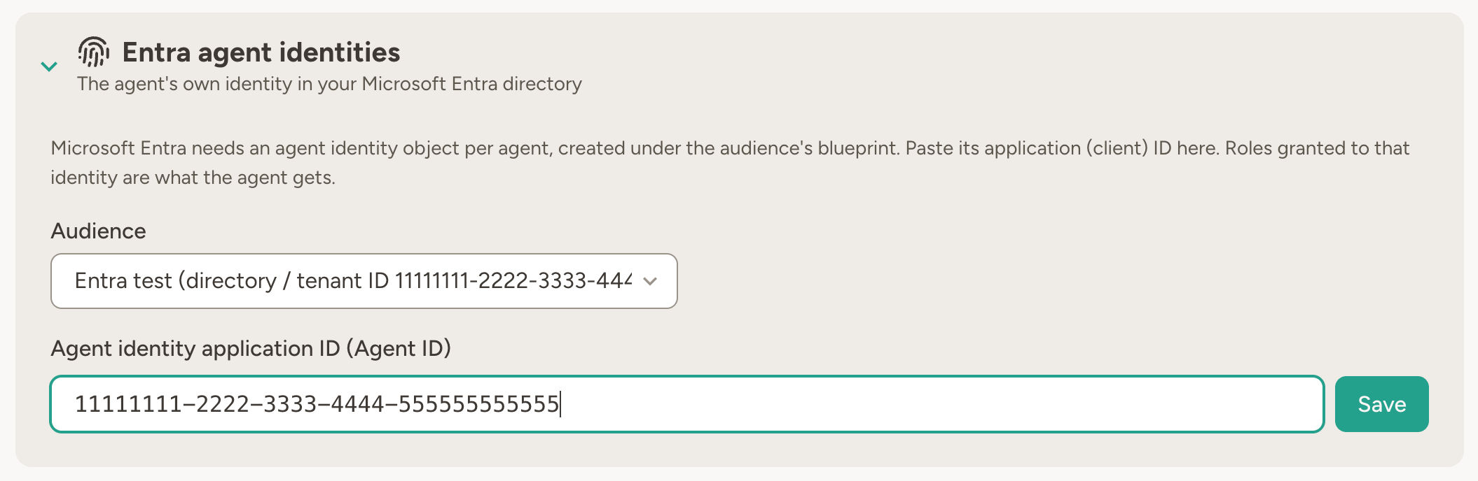 The Entra agent identities card on an agent's Settings page, where a workspace admin picks the audience and pastes the agent identity's application ID