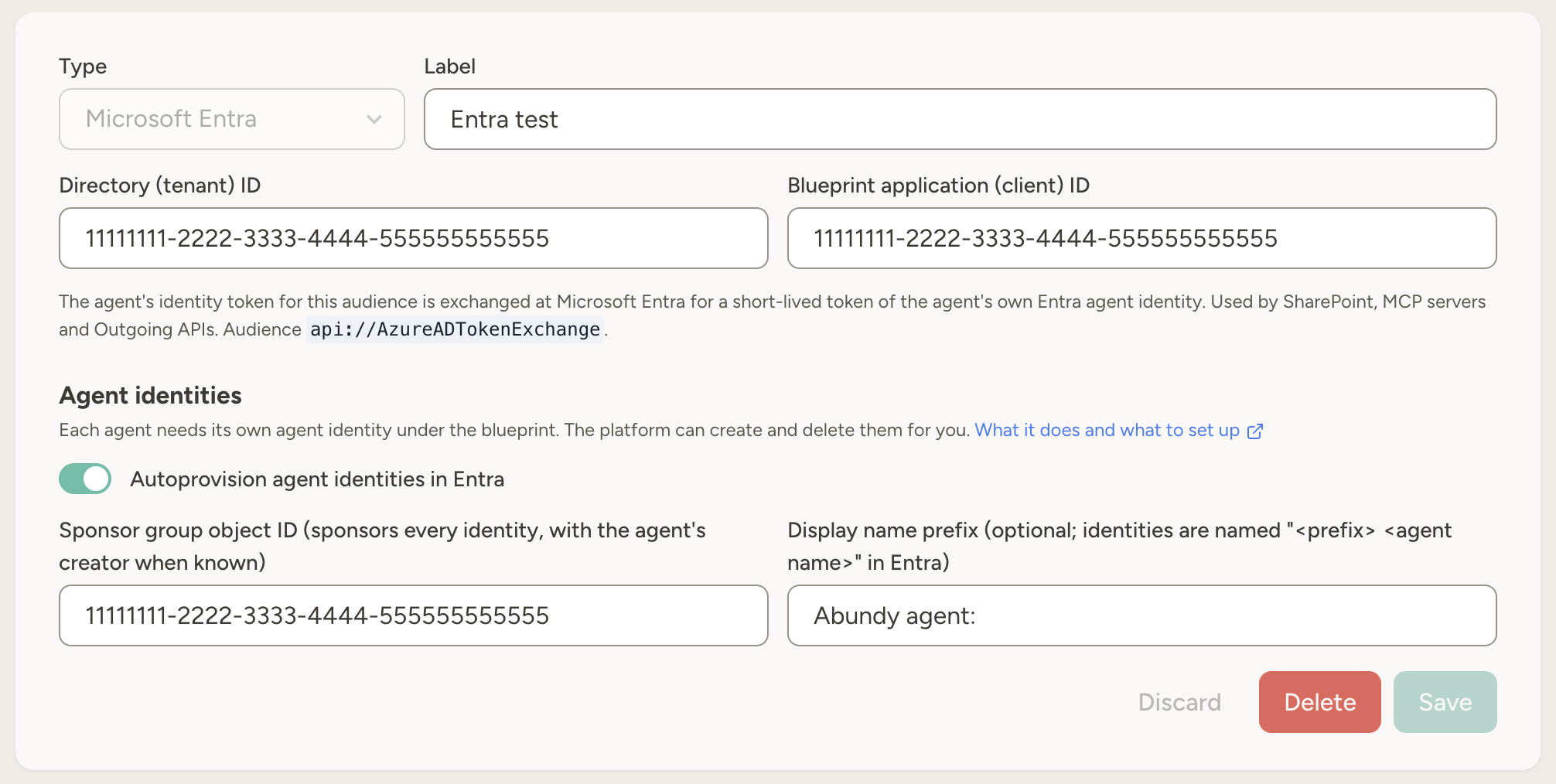 A Microsoft Entra audience under Workspace → Workload identity, with the directory and blueprint IDs filled in and autoprovisioning of agent identities turned on with a sponsor group and a display name prefix