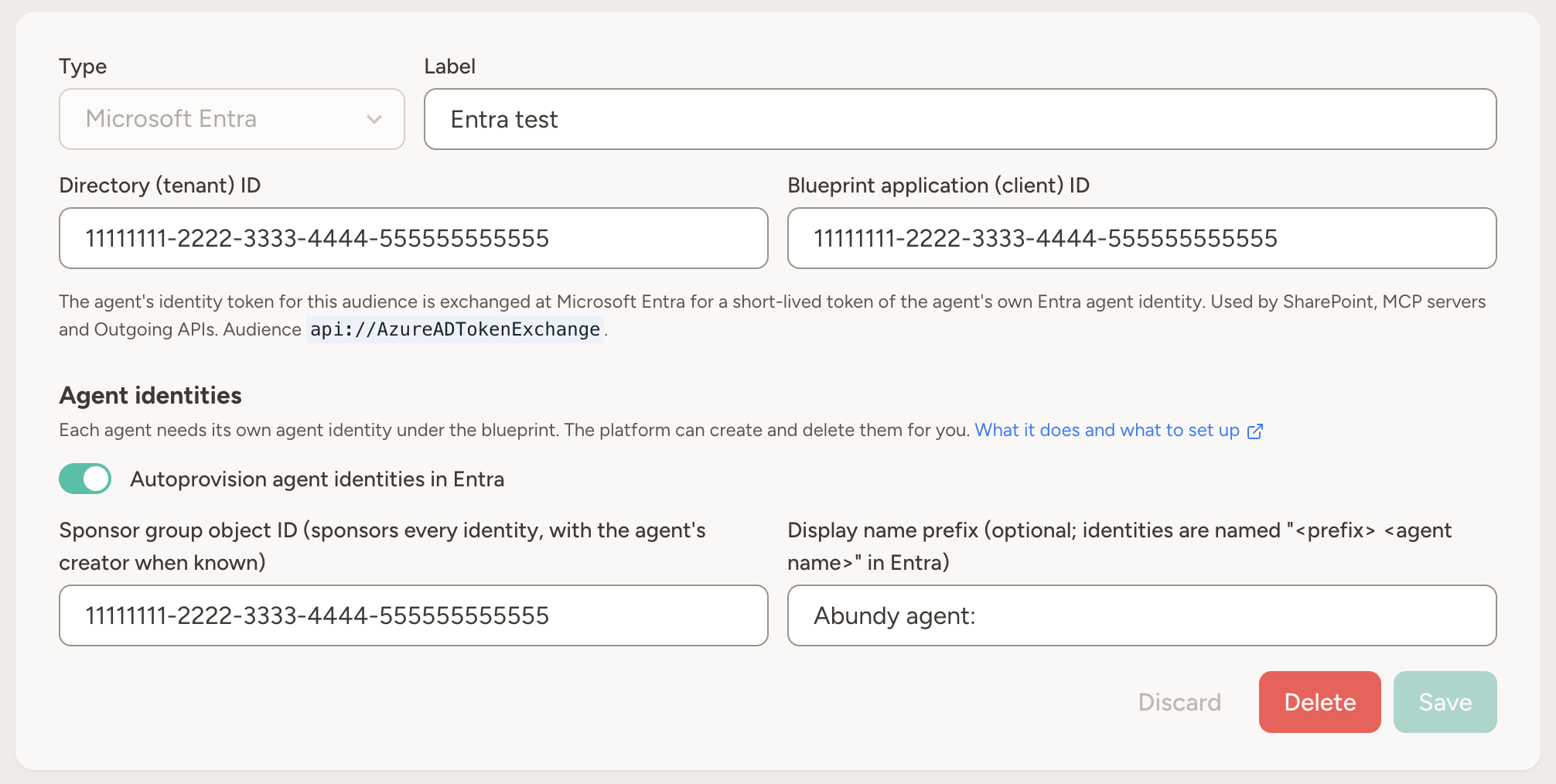 A Microsoft Entra audience under Workspace → Workload identity, with the directory and blueprint IDs filled in and autoprovisioning of agent identities turned on with a sponsor group and a display name prefix