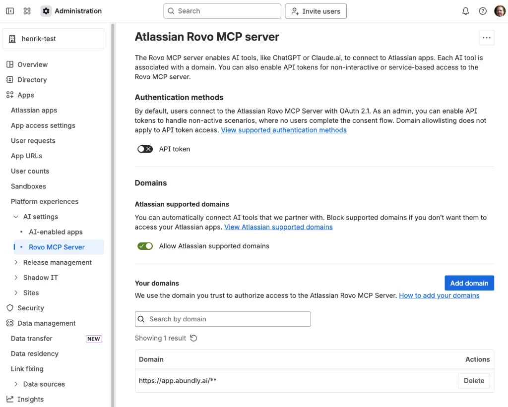 Atlassian admin console showing the Rovo MCP Server settings page with the Abundly domain added
