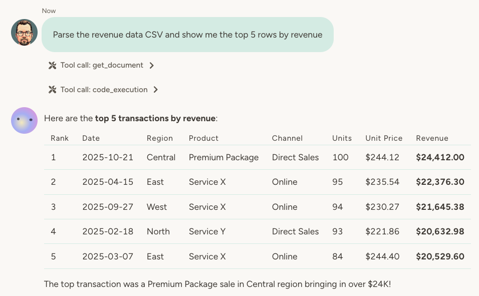Chat showing user asking to parse revenue CSV data, with agent executing code and displaying top 5 transactions in a table