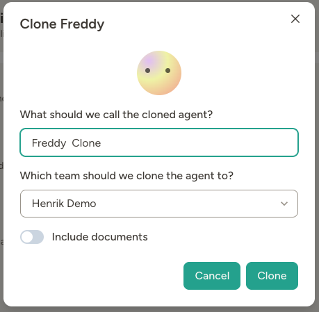 Clone agent modal showing options to name the cloned agent and select which team to clone it to