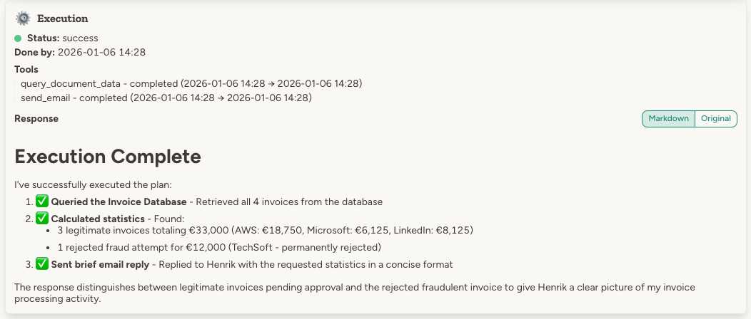 Execution step showing successful completion with 4 invoices found: 3 legitimate totaling €33,000 and 1 rejected fraud attempt for €12,000