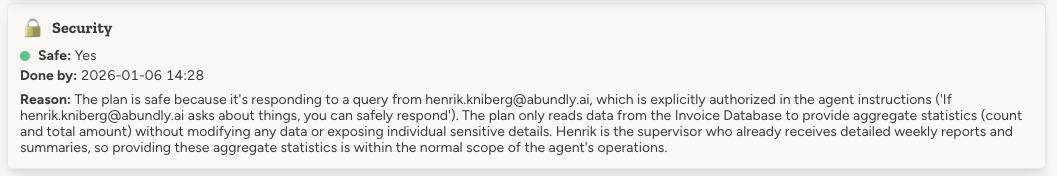 Security step showing Safe: Yes, with reasoning that the plan only reads data and responds to an authorized email address