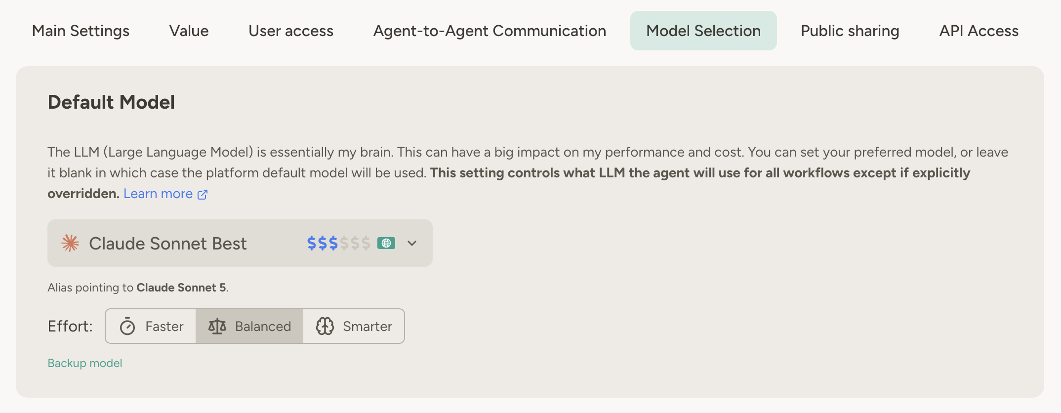 Agent settings showing model selection with a Claude Sonnet alias selected