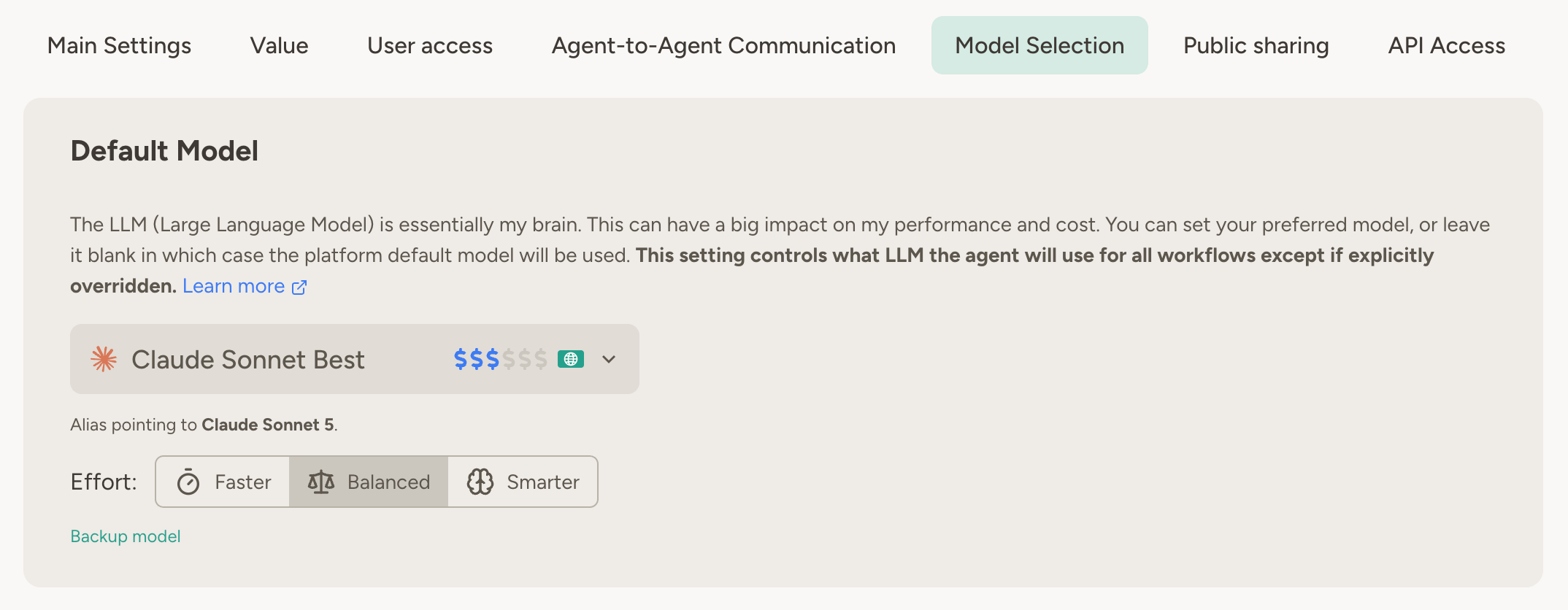 Agent settings showing model selection with a Claude Sonnet alias selected