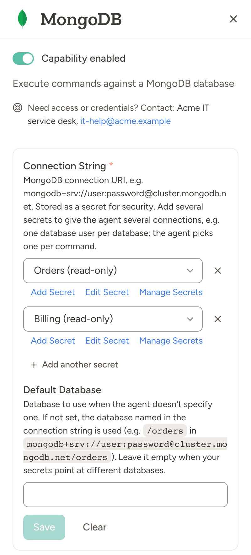 The MongoDB capability panel with two linked secrets, Orders (read-only) and Billing (read-only), an Add another secret button, and an empty Default Database field