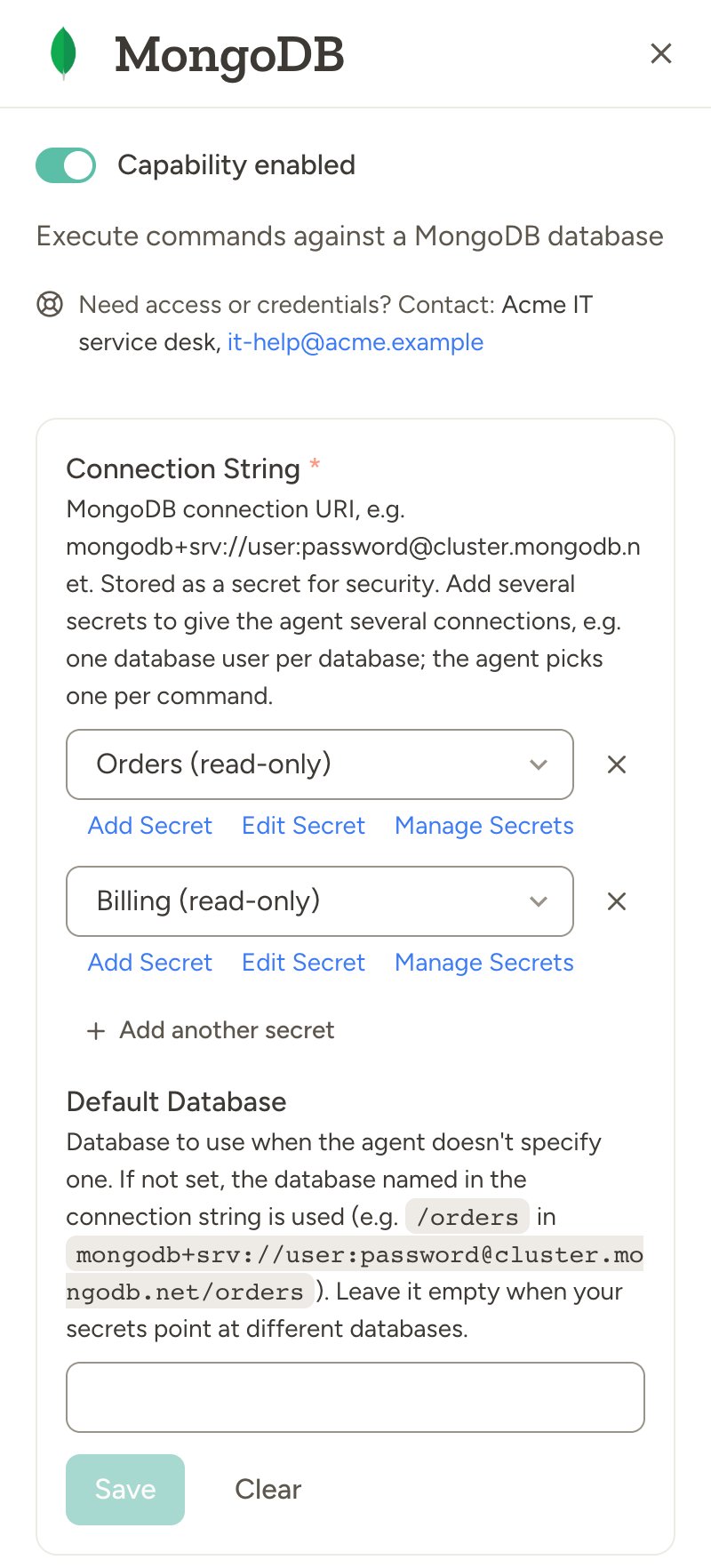 The MongoDB capability panel with two linked secrets, Orders (read-only) and Billing (read-only), an Add another secret button, and an empty Default Database field