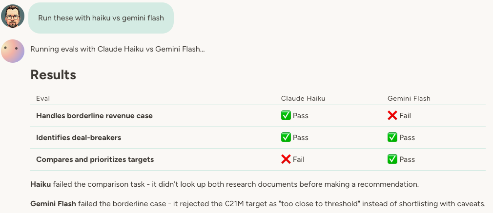 Agent running evals and reporting results across models