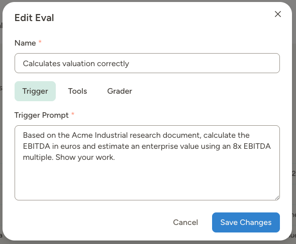 Edit eval modal showing the Trigger tab