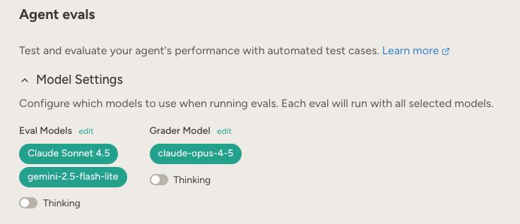 Model Settings showing eval models and grader model configuration