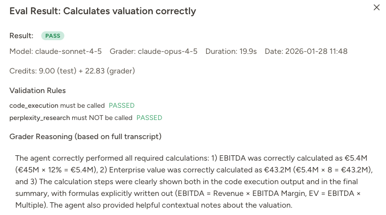 Eval result showing grader reasoning and transcript