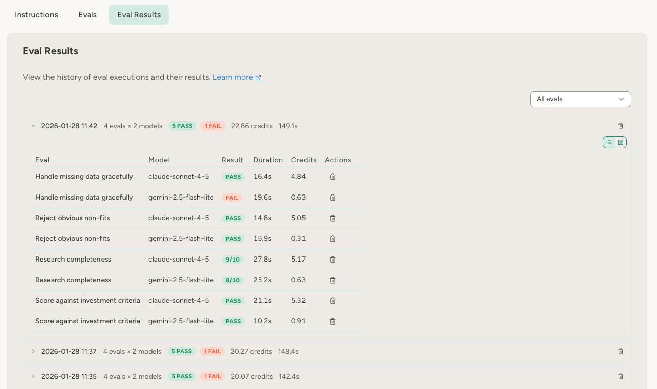 Eval Results tab showing history of eval runs