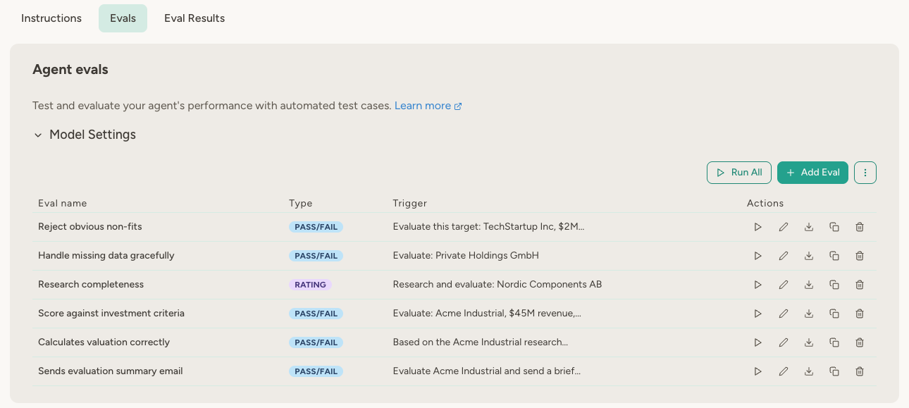 Evals tab showing a complete eval suite for a target screening agent