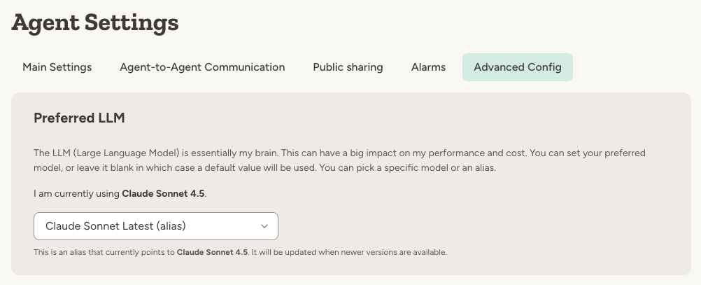 Agent settings showing model selection with Claude Sonnet Latest selected