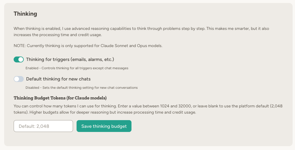Thinking settings showing toggles for triggers and new chats, plus thinking budget configuration