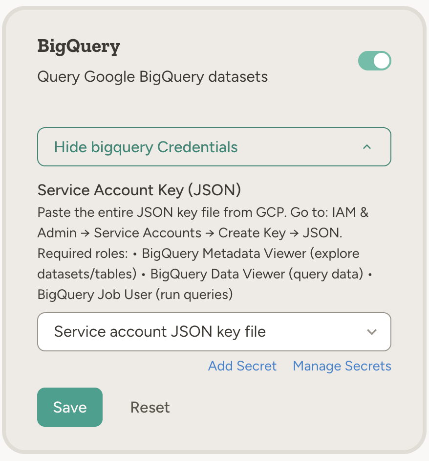 Screenshot: BigQuery capability card in Settings → Capabilities with service account JSON configured