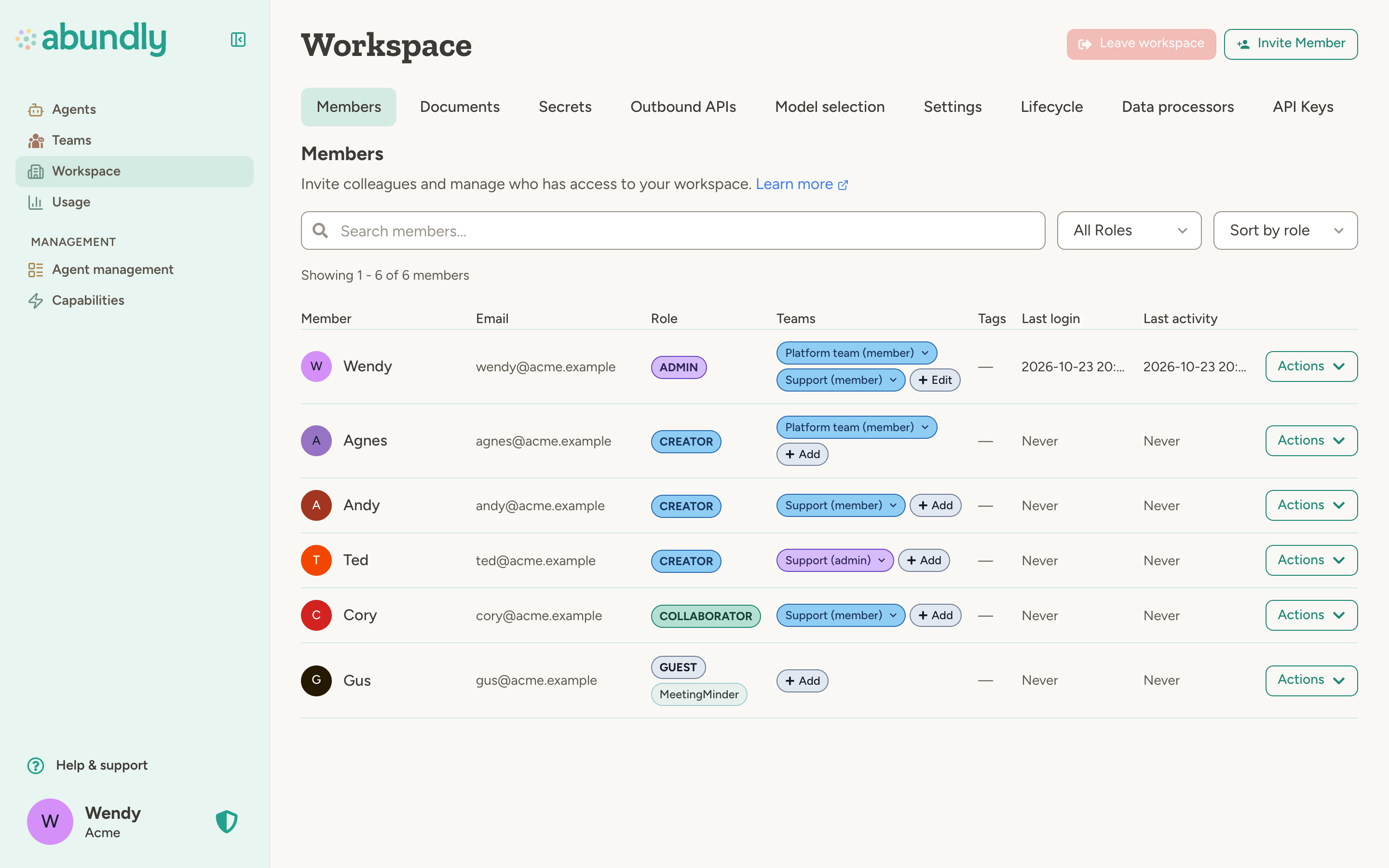 Workspace page showing members with their workspace roles (Admin, Creator, Collaborator, or Guest) and team memberships