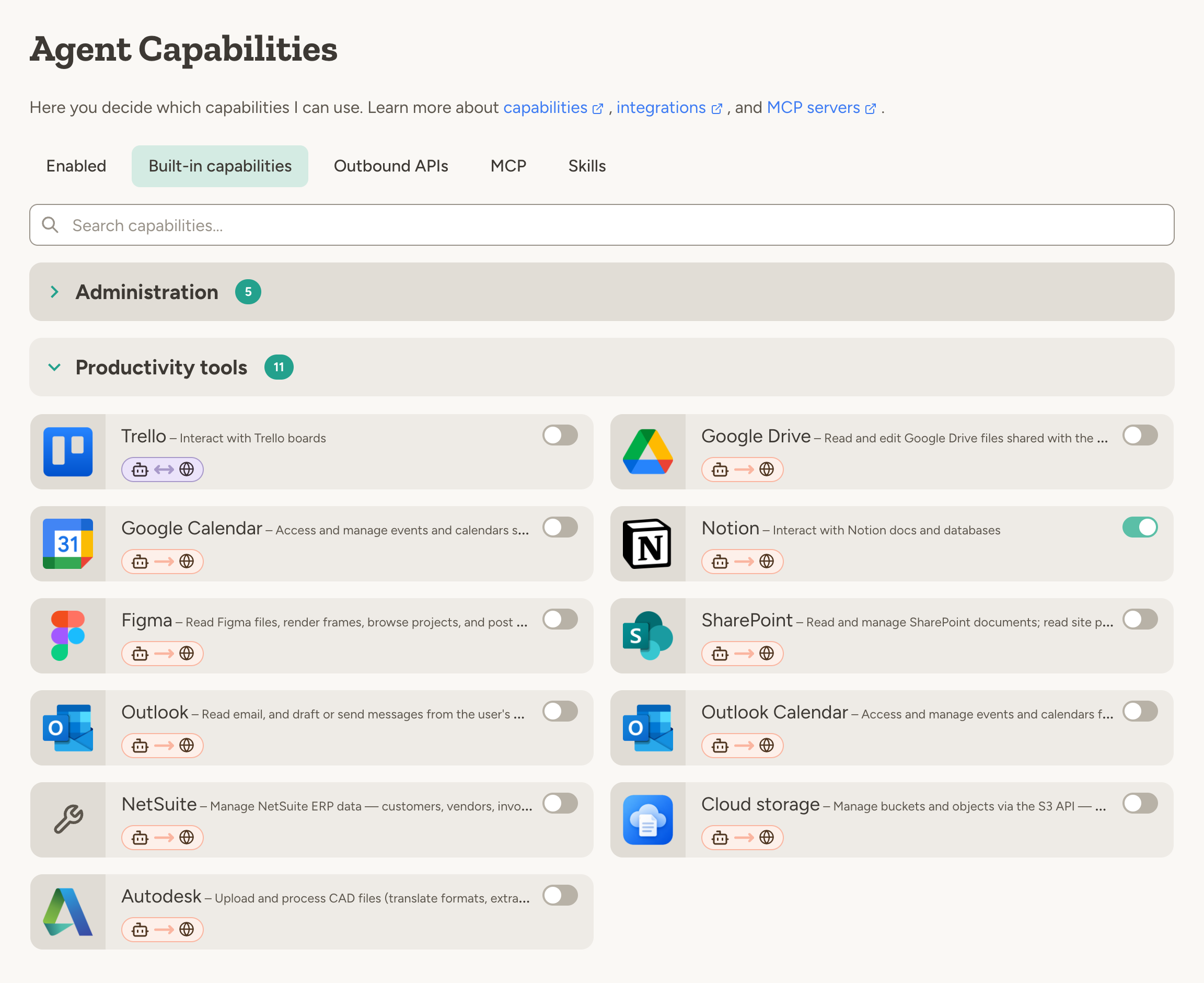 Built-in capabilities tab of an agent: productivity tools such as Trello, Google Drive, Notion, SharePoint and Outlook, each with an on/off switch and a direction tag, and Notion turned on