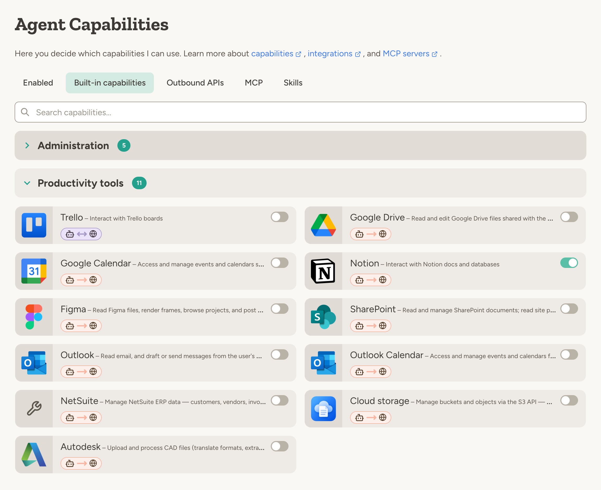 Built-in capabilities tab of an agent: productivity tools such as Trello, Google Drive, Notion, SharePoint and Outlook, each with an on/off switch and a direction tag, and Notion turned on