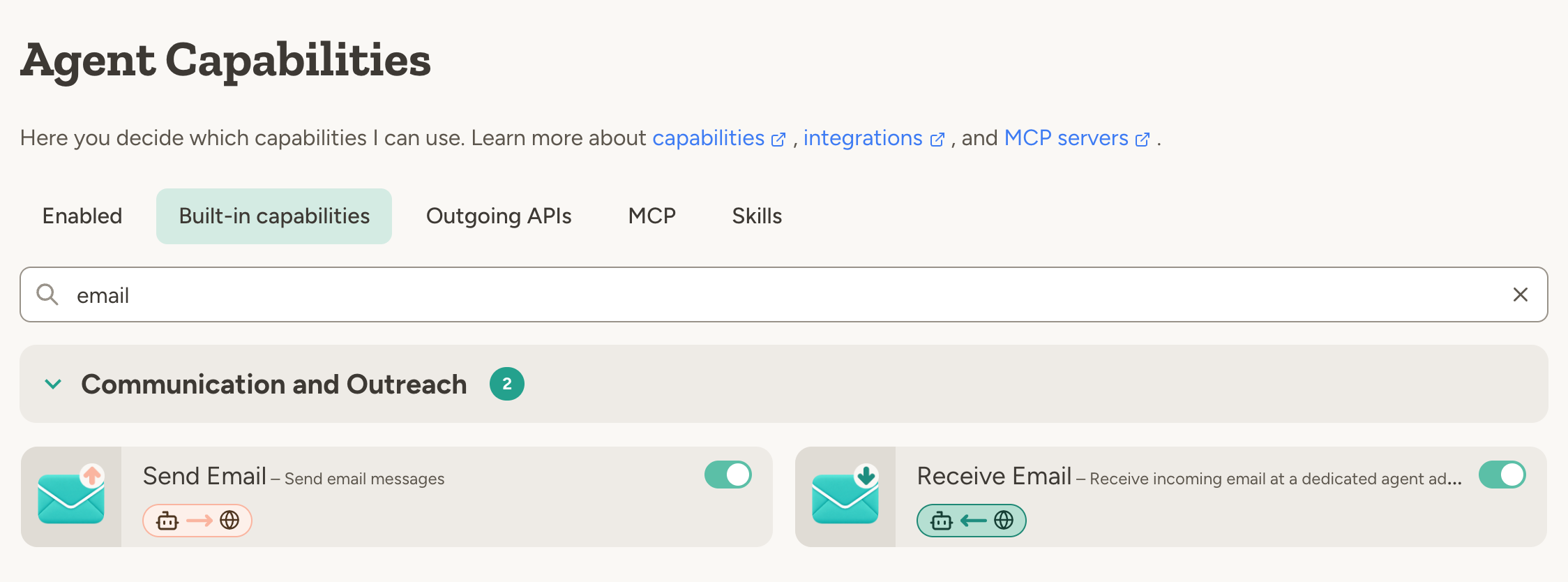 Send Email and Receive Email capability cards, both switched on, with the Outbound and Inbound direction tags