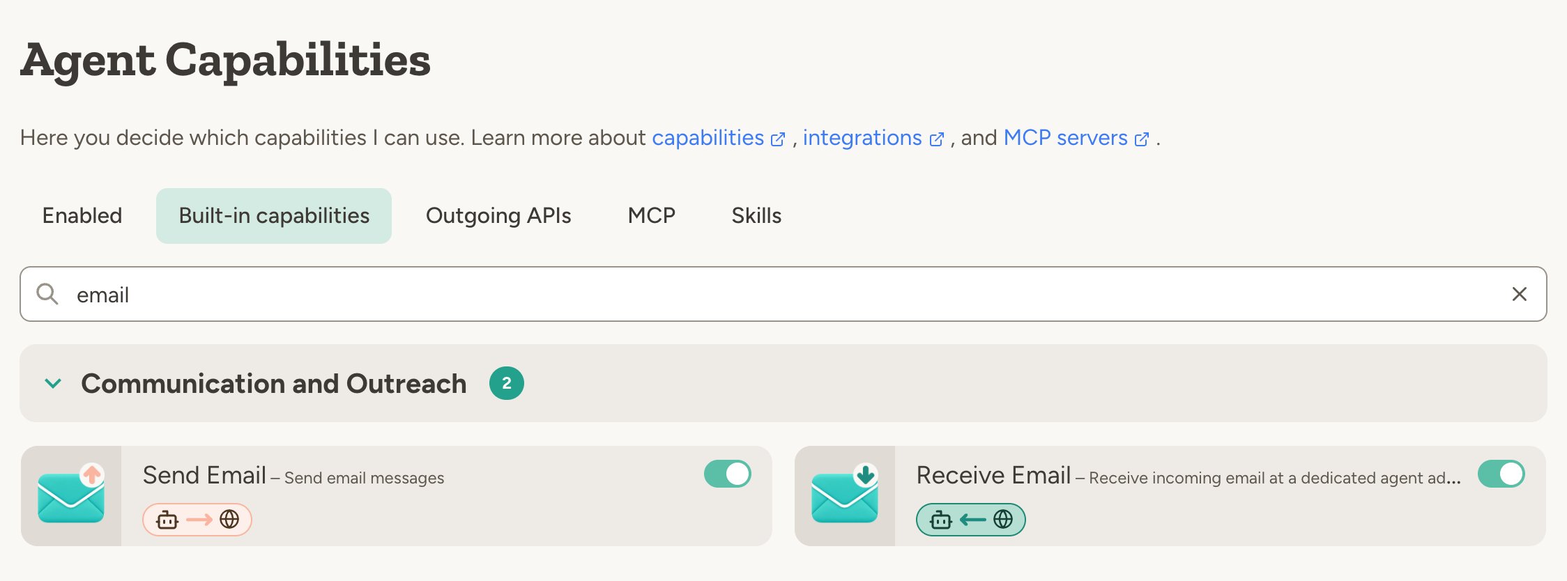 Send Email and Receive Email capability cards, both switched on, with the Outbound and Inbound direction tags