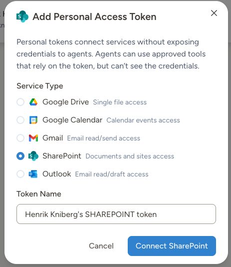 Personal Tokens page showing connected Google Drive and Calendar tokens