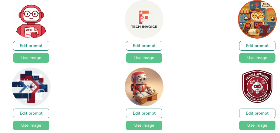 Six AI-generated profile picture options ranging from robots to logos to illustrated characters
