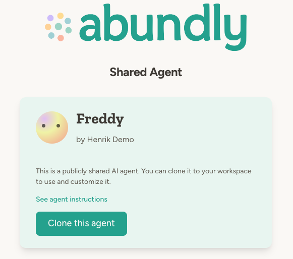 Shared agent landing page showing agent name, creator, and Clone this agent button