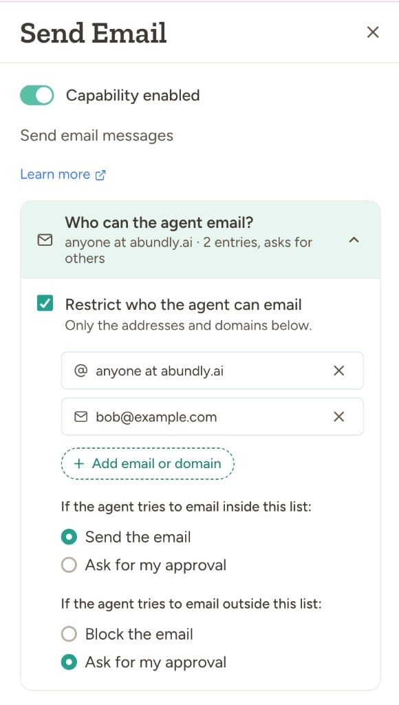 Email capability settings showing allow-list and approval options