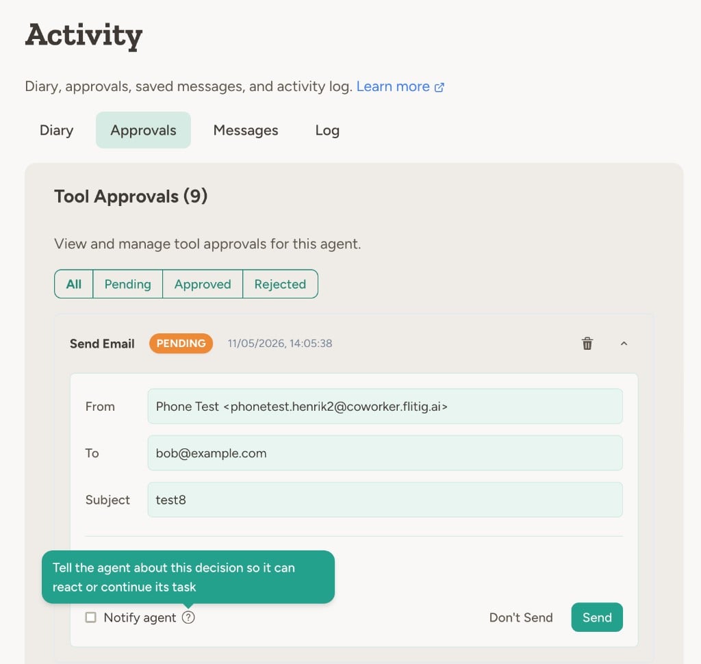 Approval card on the Approvals tab with the Notify agent checkbox highlighted and its tooltip visible