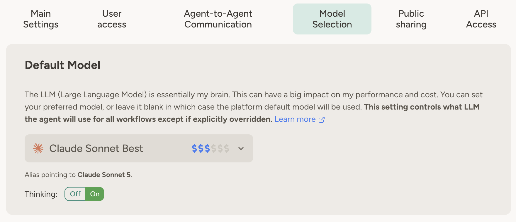 Agent settings showing model selection with a Claude Sonnet alias selected