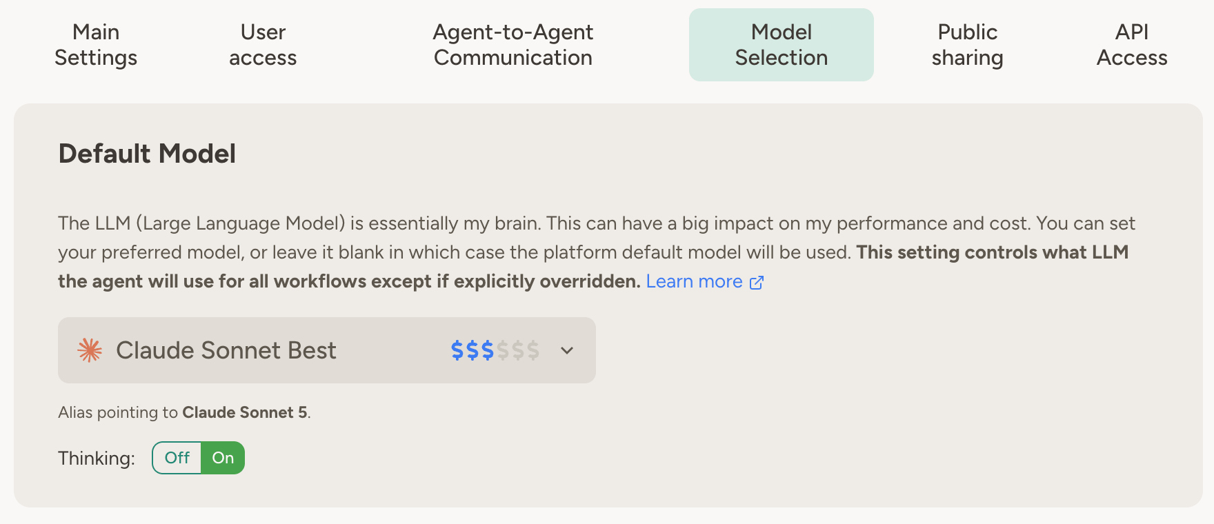 Agent settings showing model selection with a Claude Sonnet alias selected