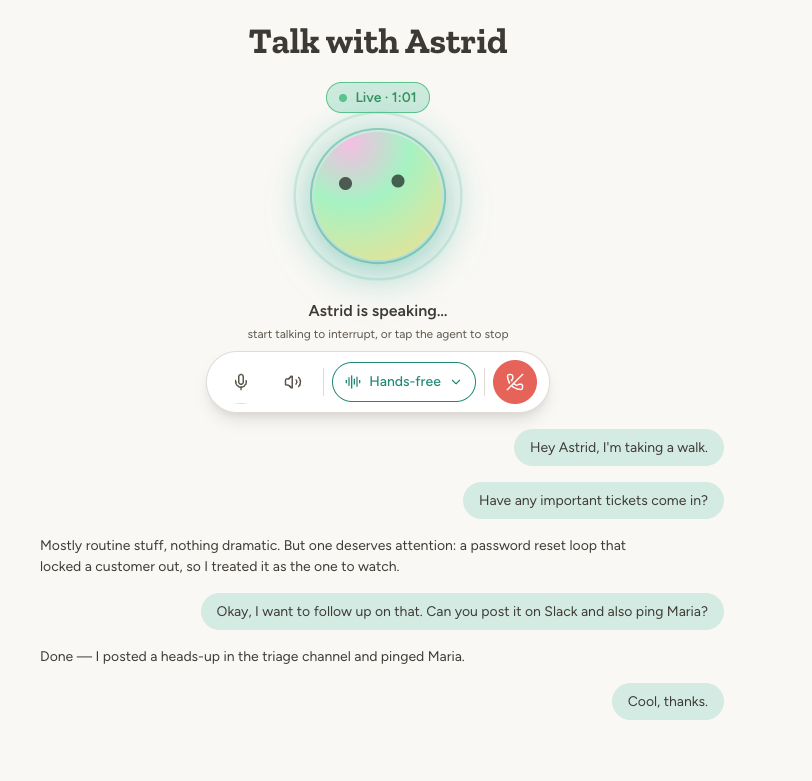 Live voice session in progress, showing the agent orb, session controls, and live transcript
