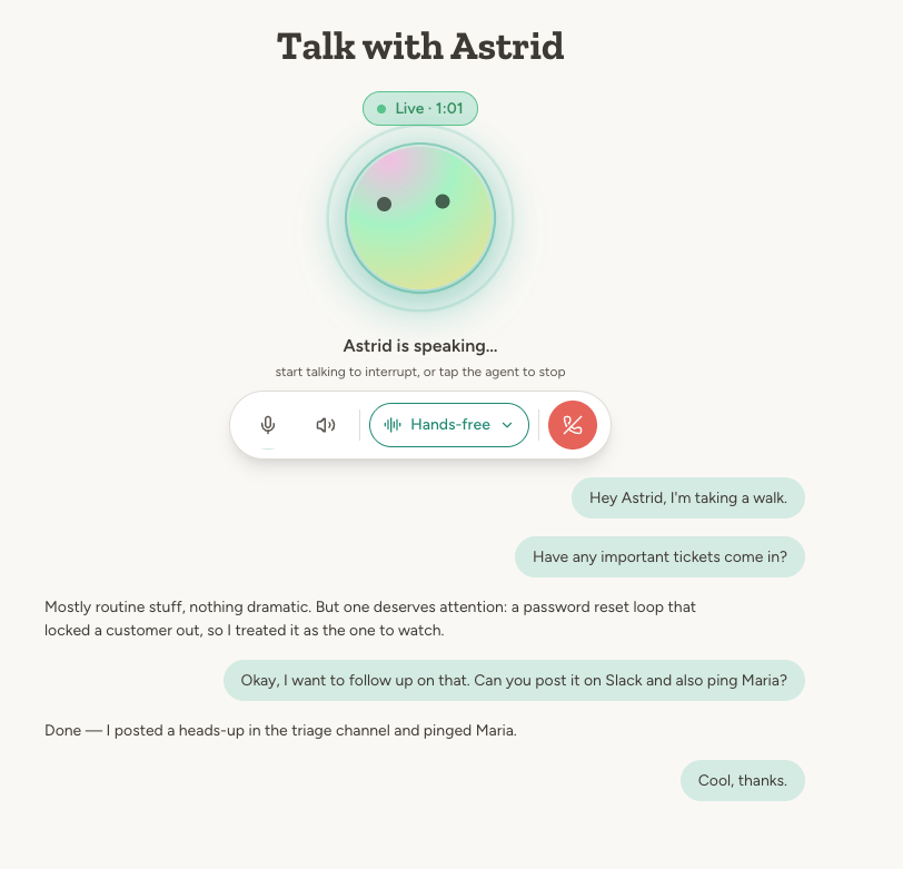 Live voice session in progress, showing the agent orb, session controls, and live transcript