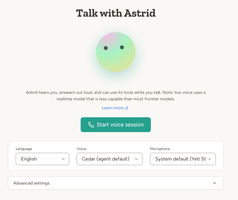 Live voice start screen with language, voice, and microphone settings
