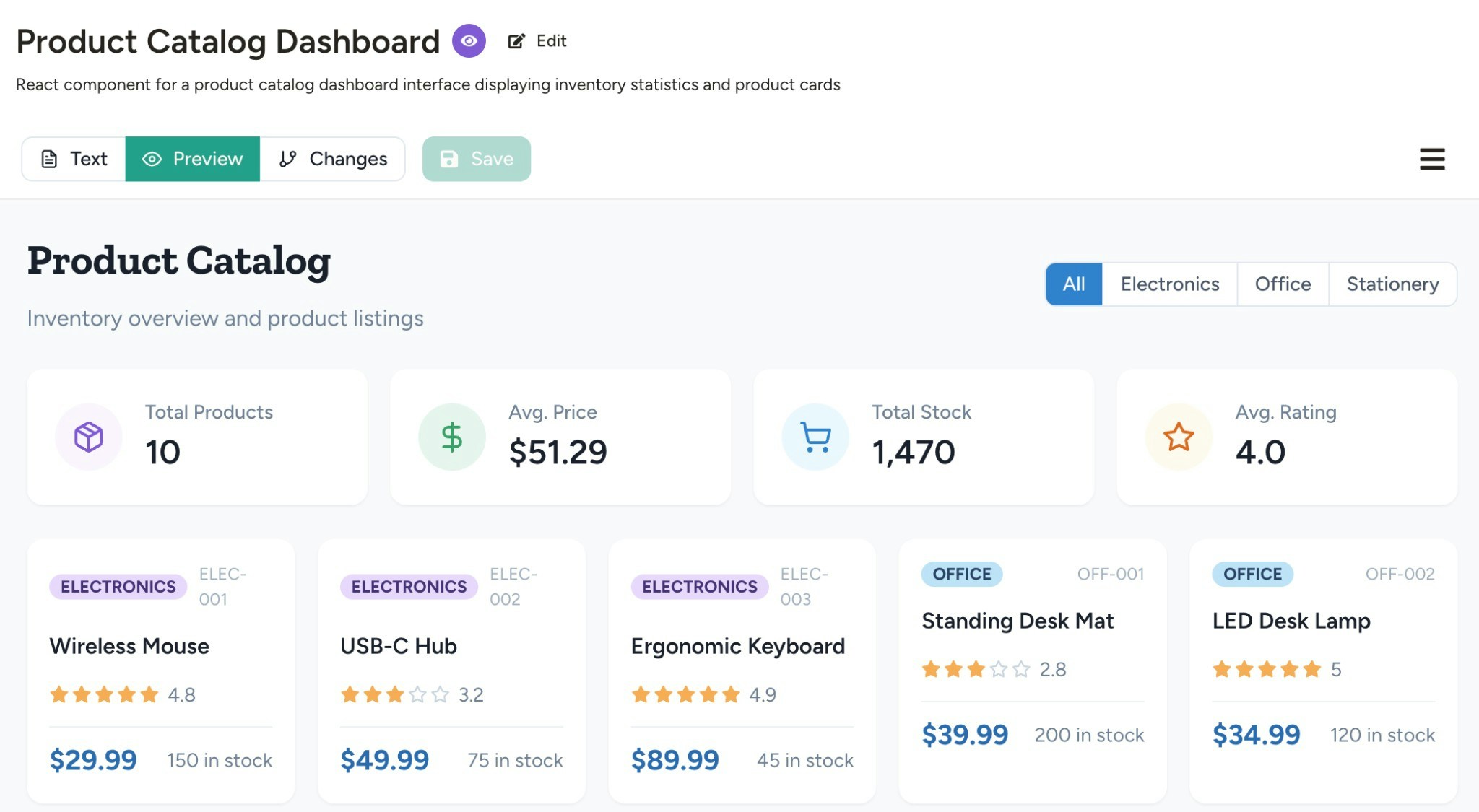 Product Catalog Dashboard app showing inventory statistics, category filters, and product cards with prices and stock levels