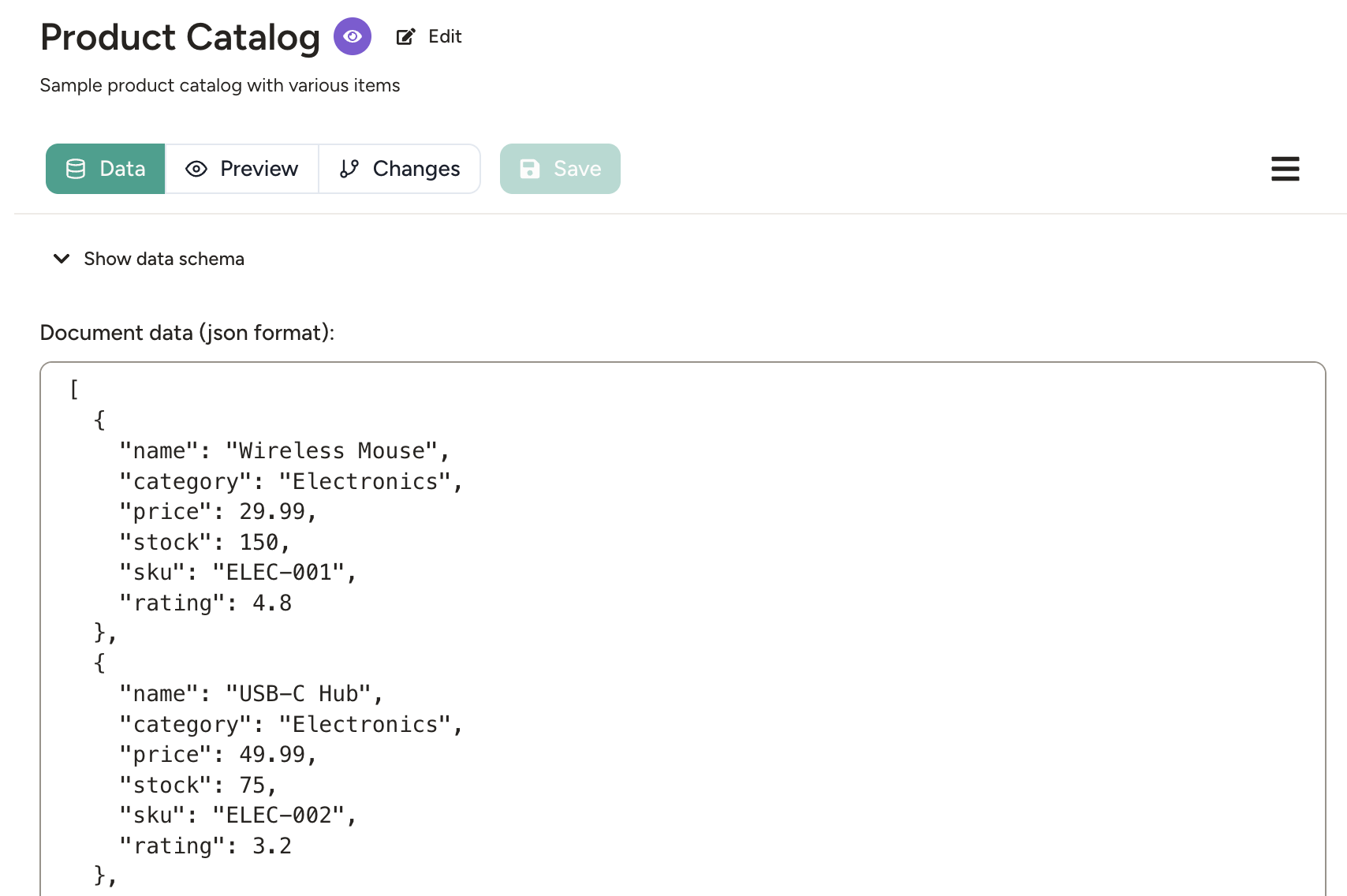 Agent database Data tab showing raw JSON data and the Show data schema toggle