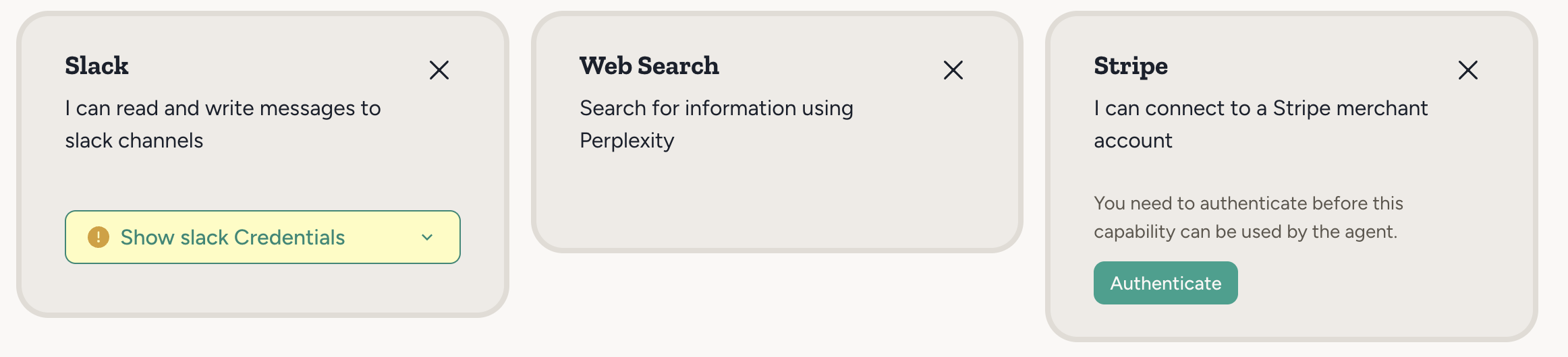Three capability cards showing different authentication types