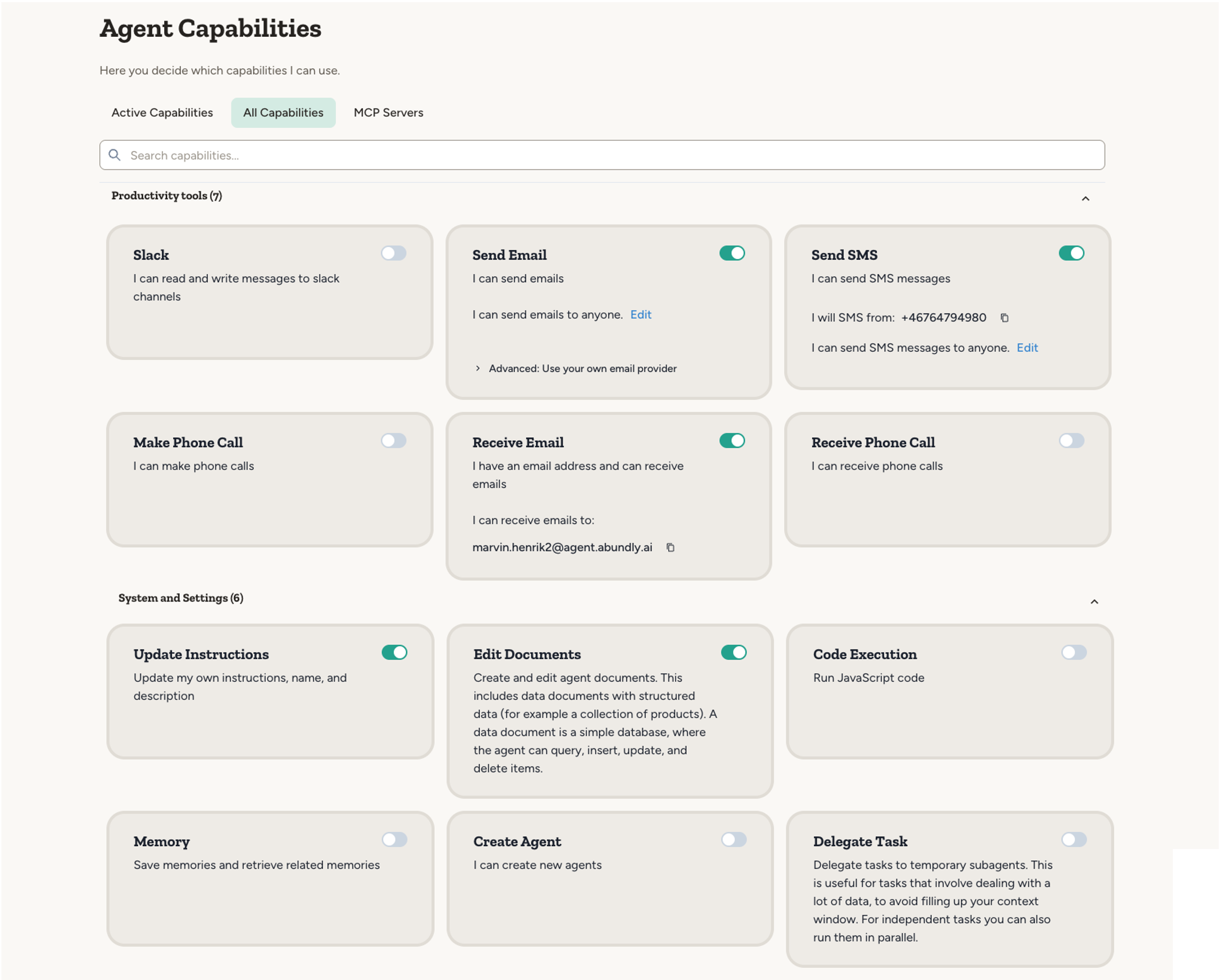 Capability card showing toggle and configuration options